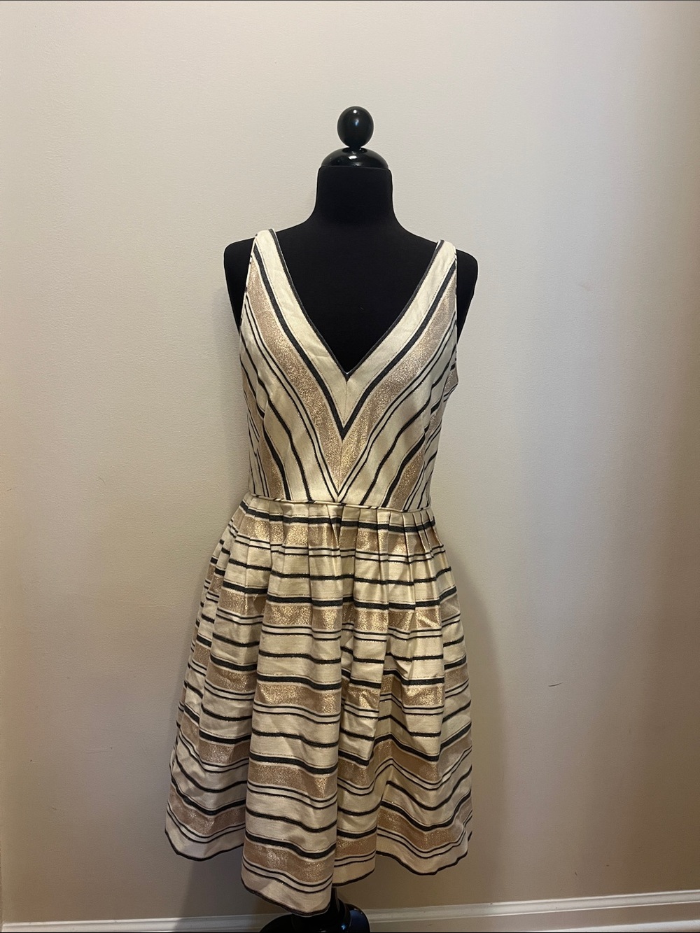 J. Crew Schuyler Candy Wrap Gold Metallic Pleated V Neck Mini Flare Dress
